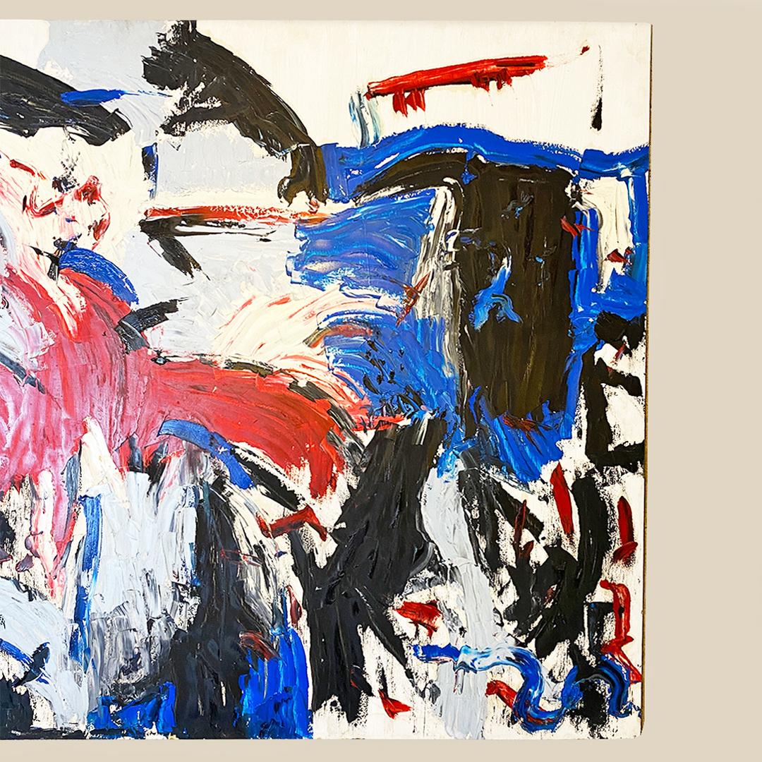 Fine XX secolo Quadro astratto moderno italiano blu rosso nero bianco con supporto in legno anni '80 in vendita