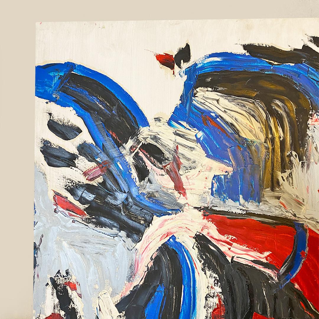 Quadro astratto moderno italiano blu rosso nero bianco con supporto in legno anni '80 in vendita 1