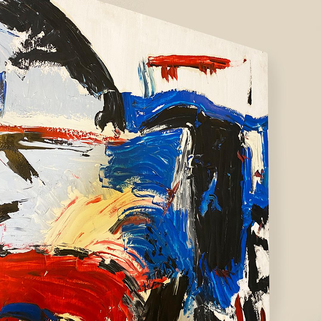 Quadro astratto moderno italiano blu rosso nero bianco con supporto in legno anni '80 in vendita 2