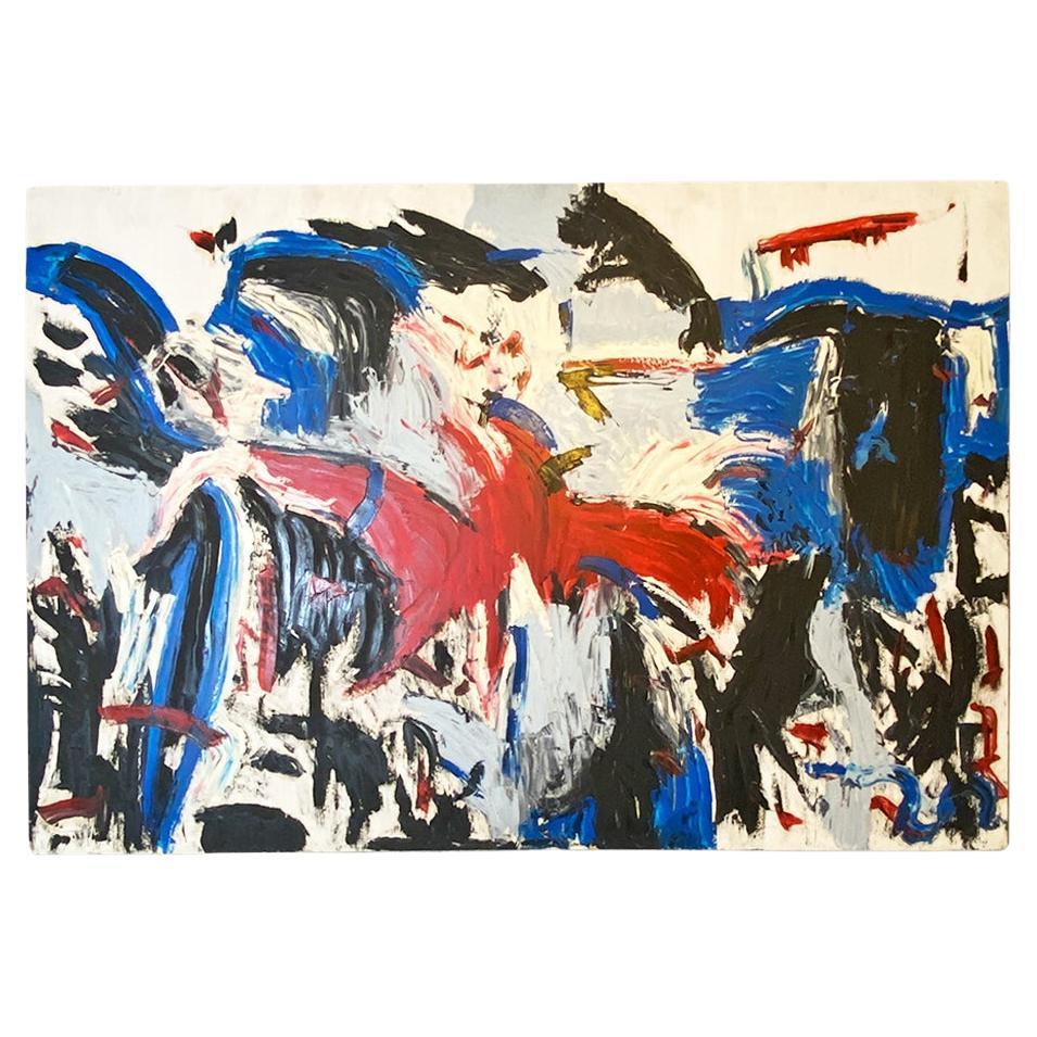 Cadre abstrait italien moderne bleu rouge noir blanc avec support en bois années 1980 en vente