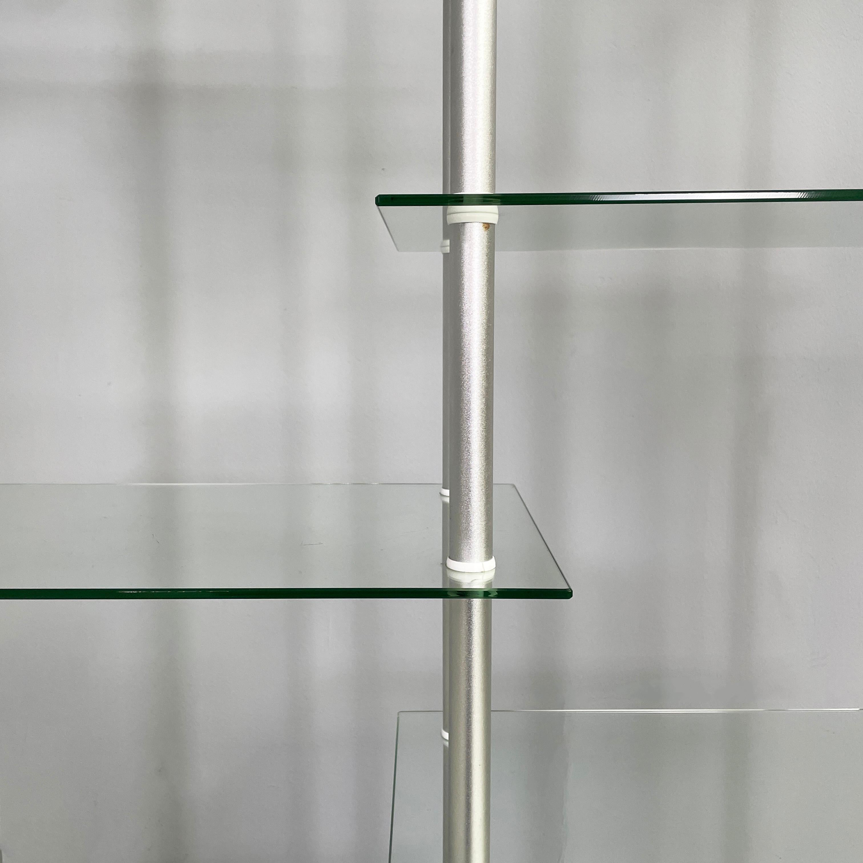 Metal Italian modern bookcase in wood, glass and metal, 1980s