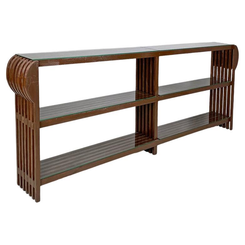 Italian modern bookcase with brown wood slats structure and glass shelves, 1970s