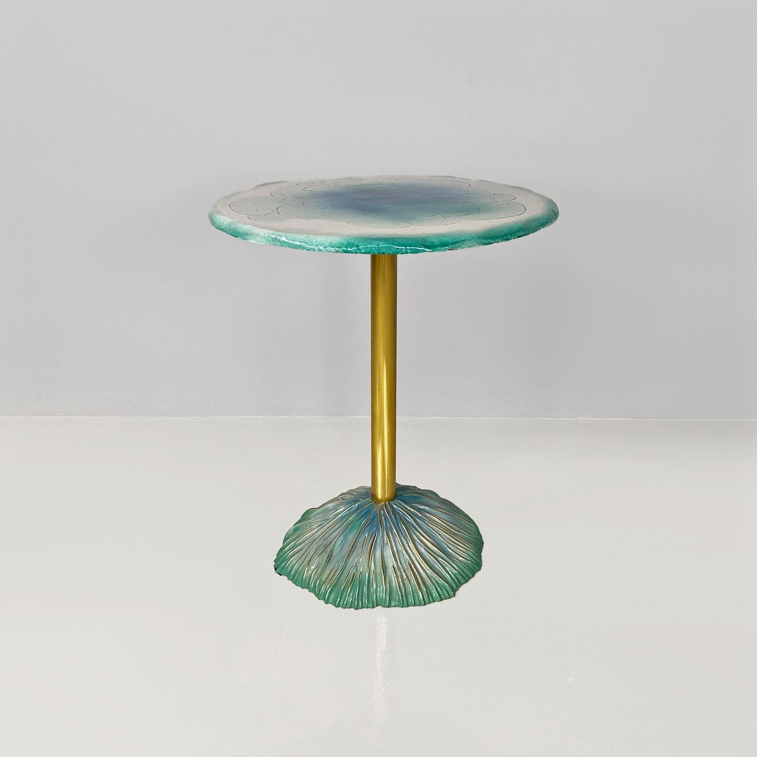 Modern Italian modern brass and ceramic dining table with engraved design, 1980s For Sale