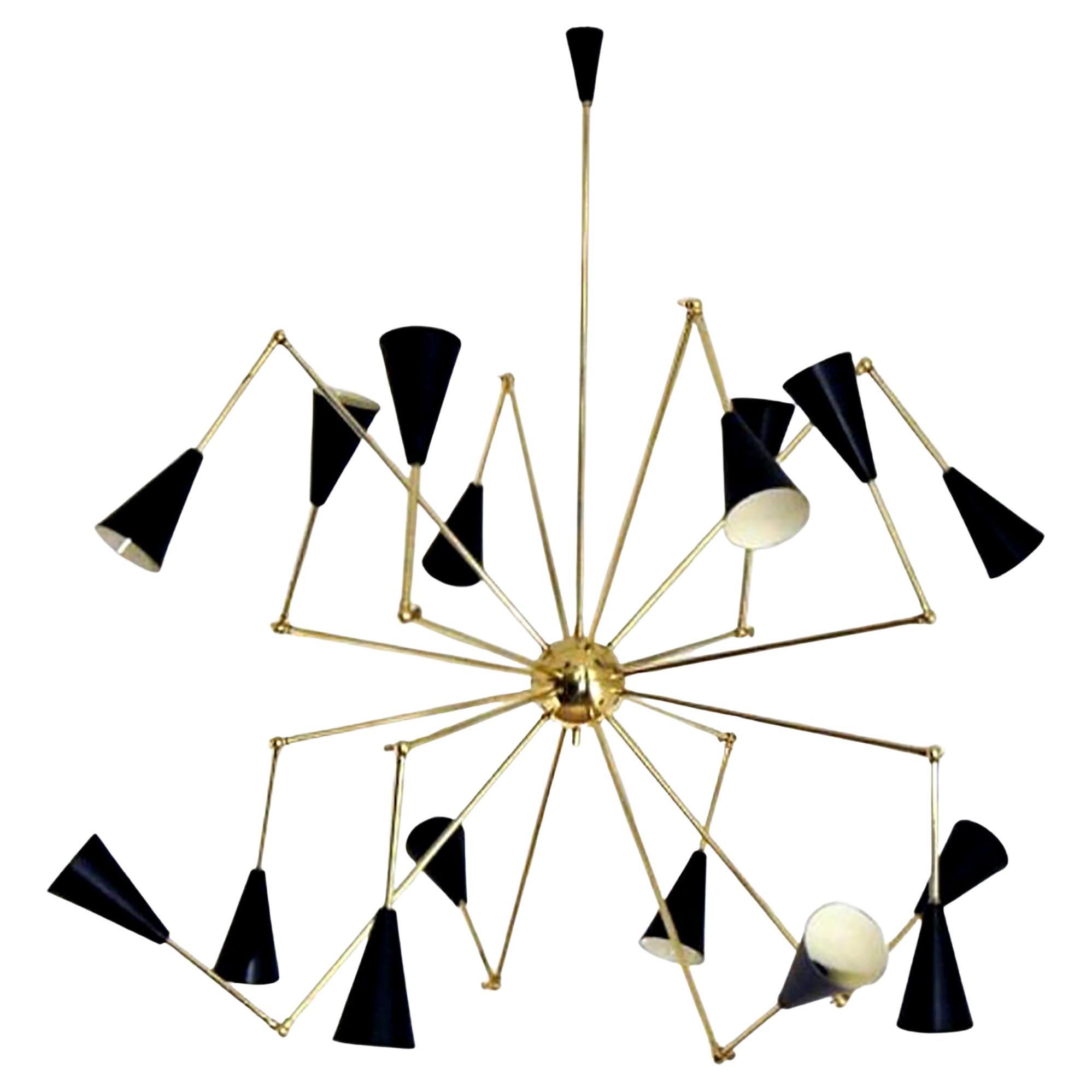 Lustre moderne italien en laiton et émail avec 16 bras articulés