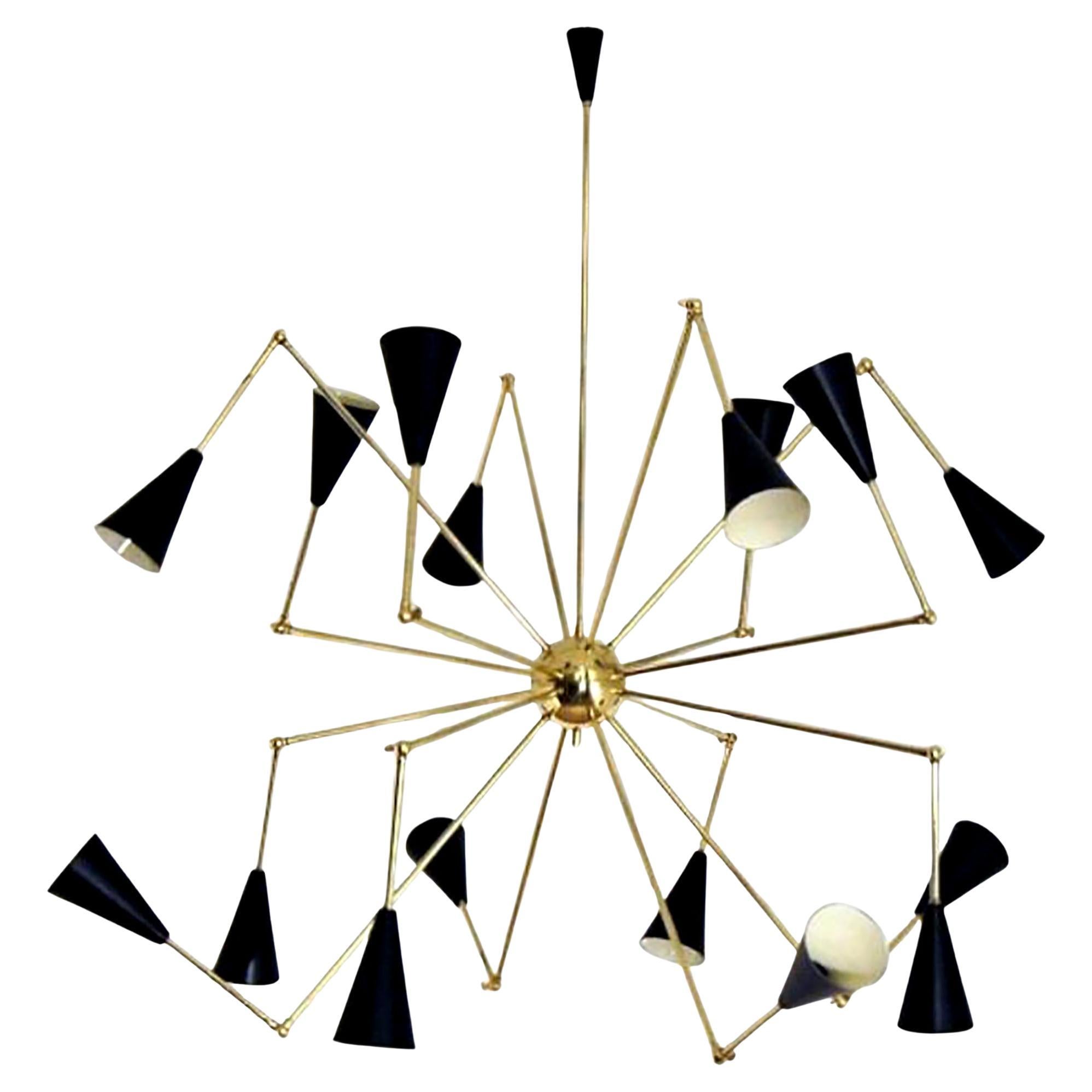 Italian Modern Brass and Enamel Chandelier with 16 Articulated Arms For Sale