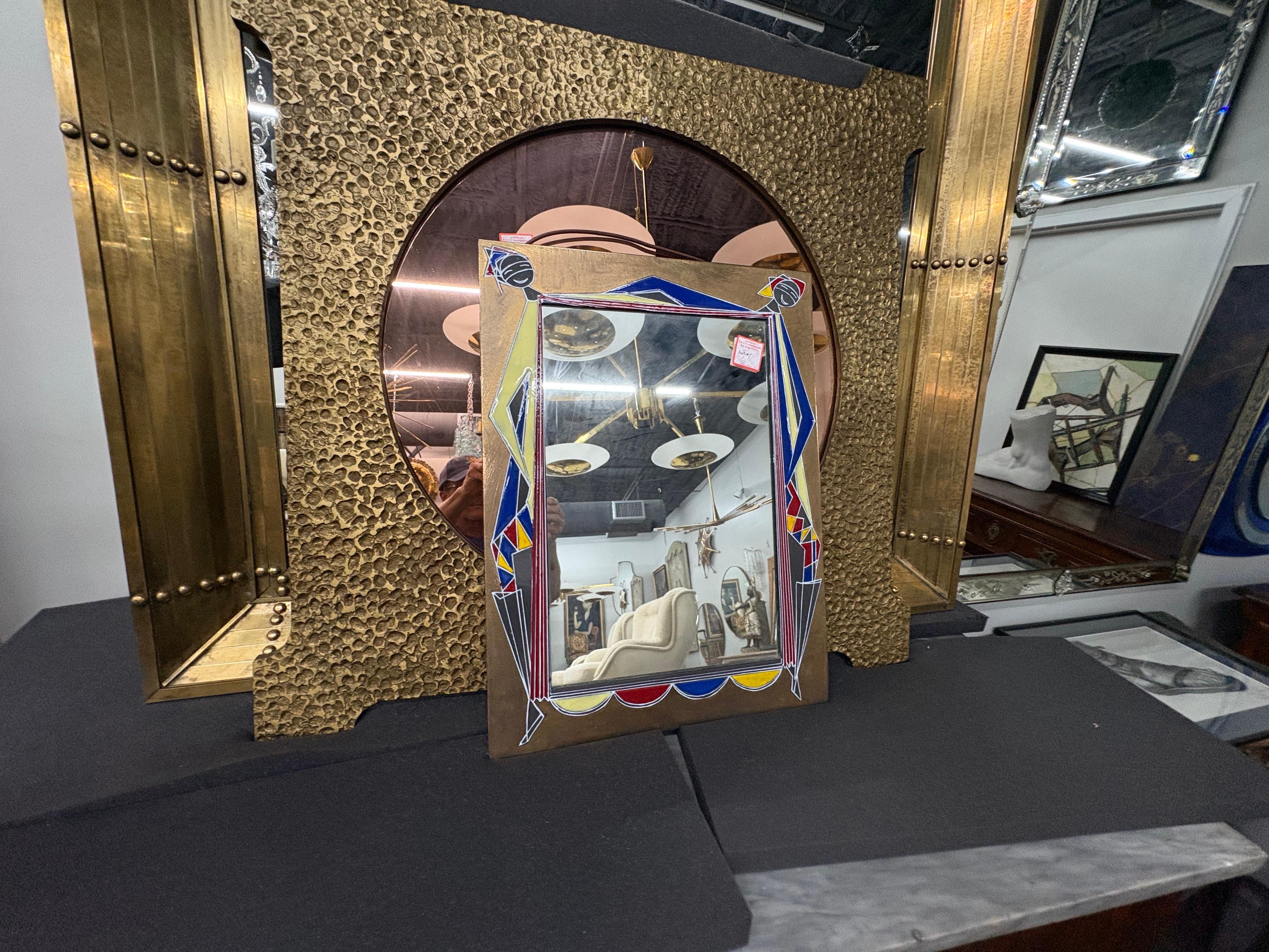 Art déco Miroir moderne italien en laiton et émail en vente