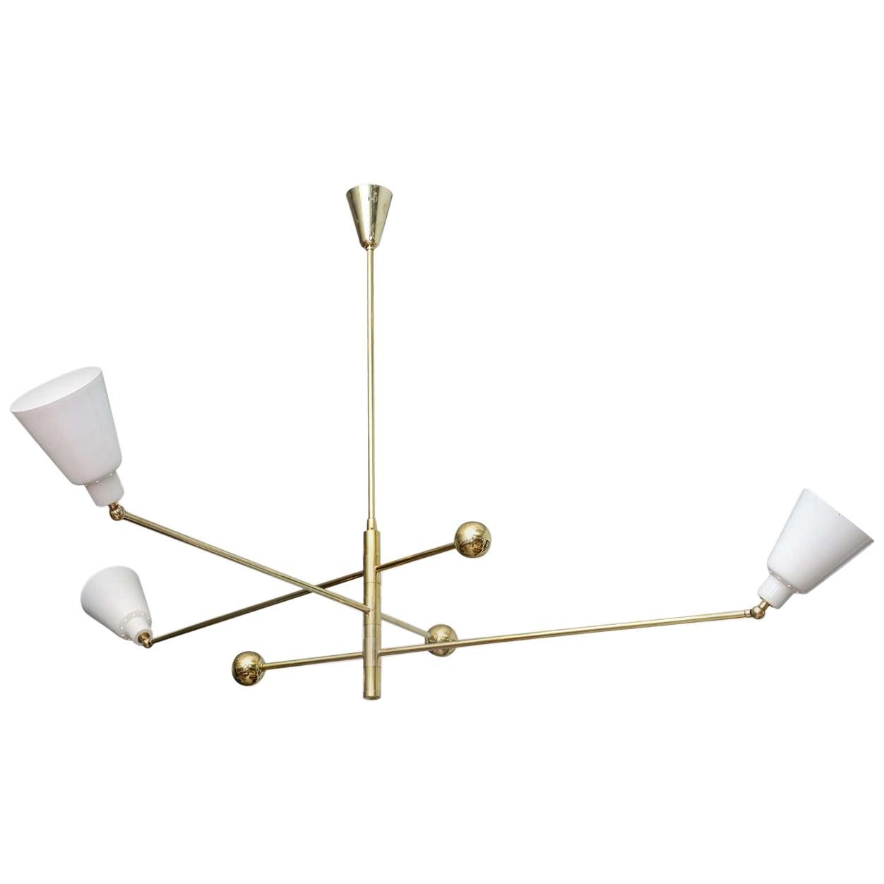 Italian Modern Brass and Enameled Three-Arm Chandelier, Angelo Lelli For Sale