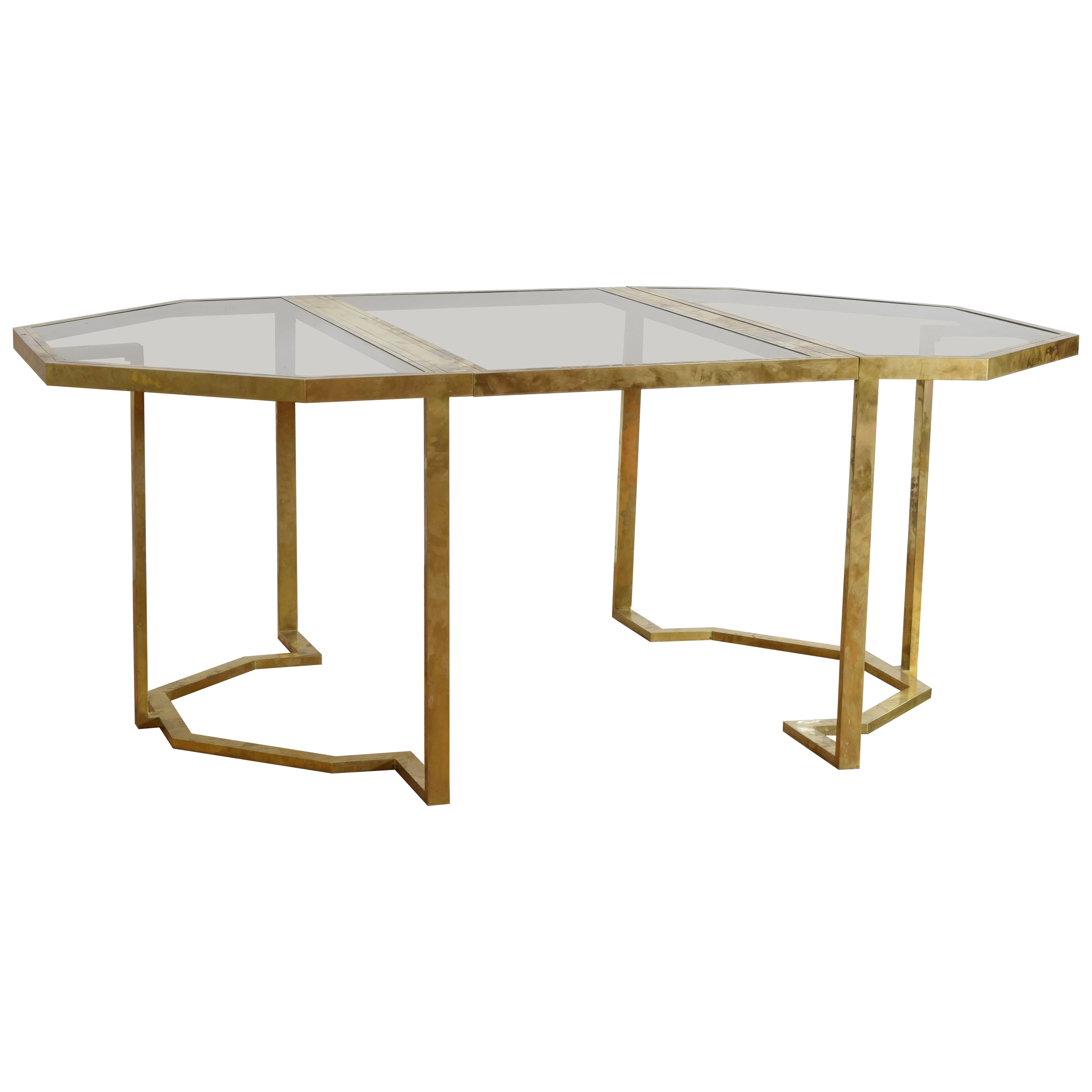 Italian Modern Brass and Glass 3-Piece Dining Table / Pair of Consoles, ca. 1970