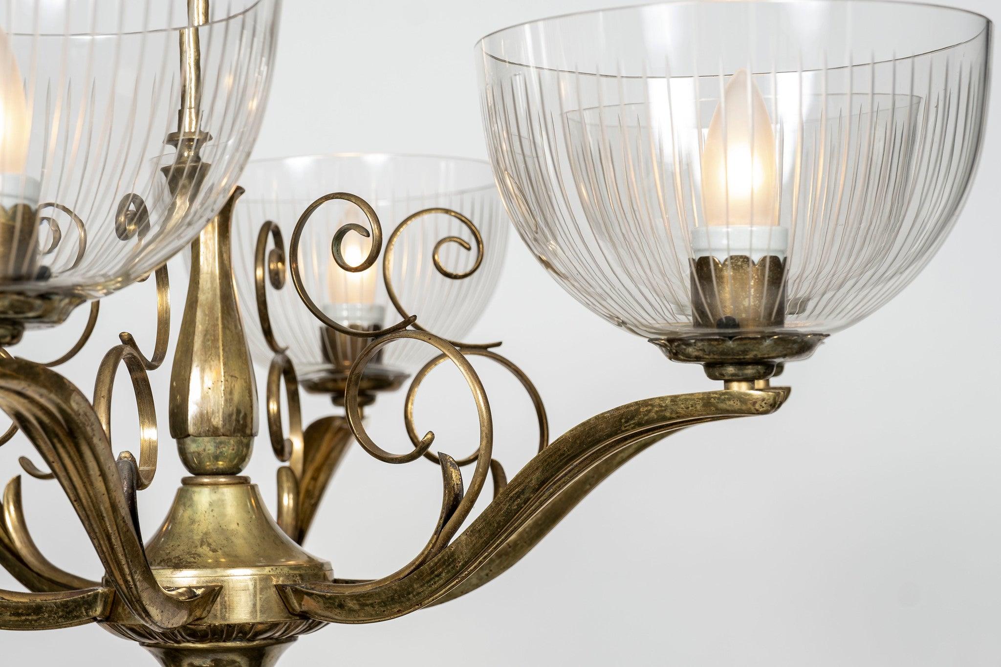 Mid-Century Modern Italian Modern  Brass and Glass Chandelier For Sale