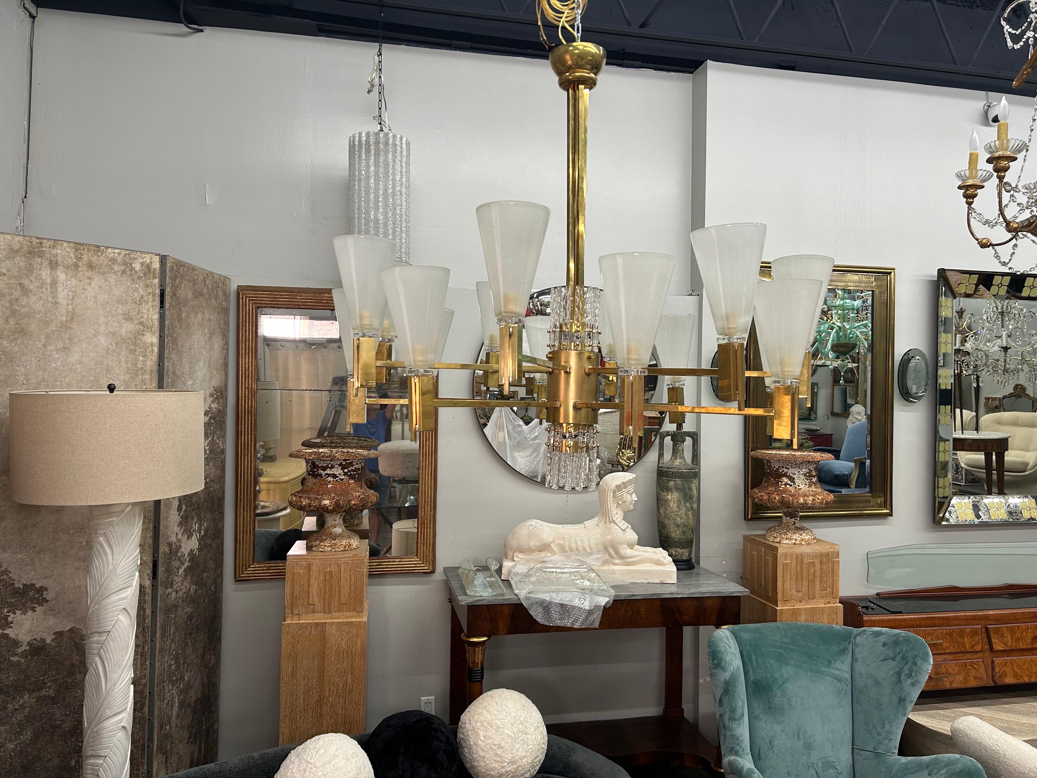 Art Deco Italian Modern Brass And Glass Chandelier For Sale
