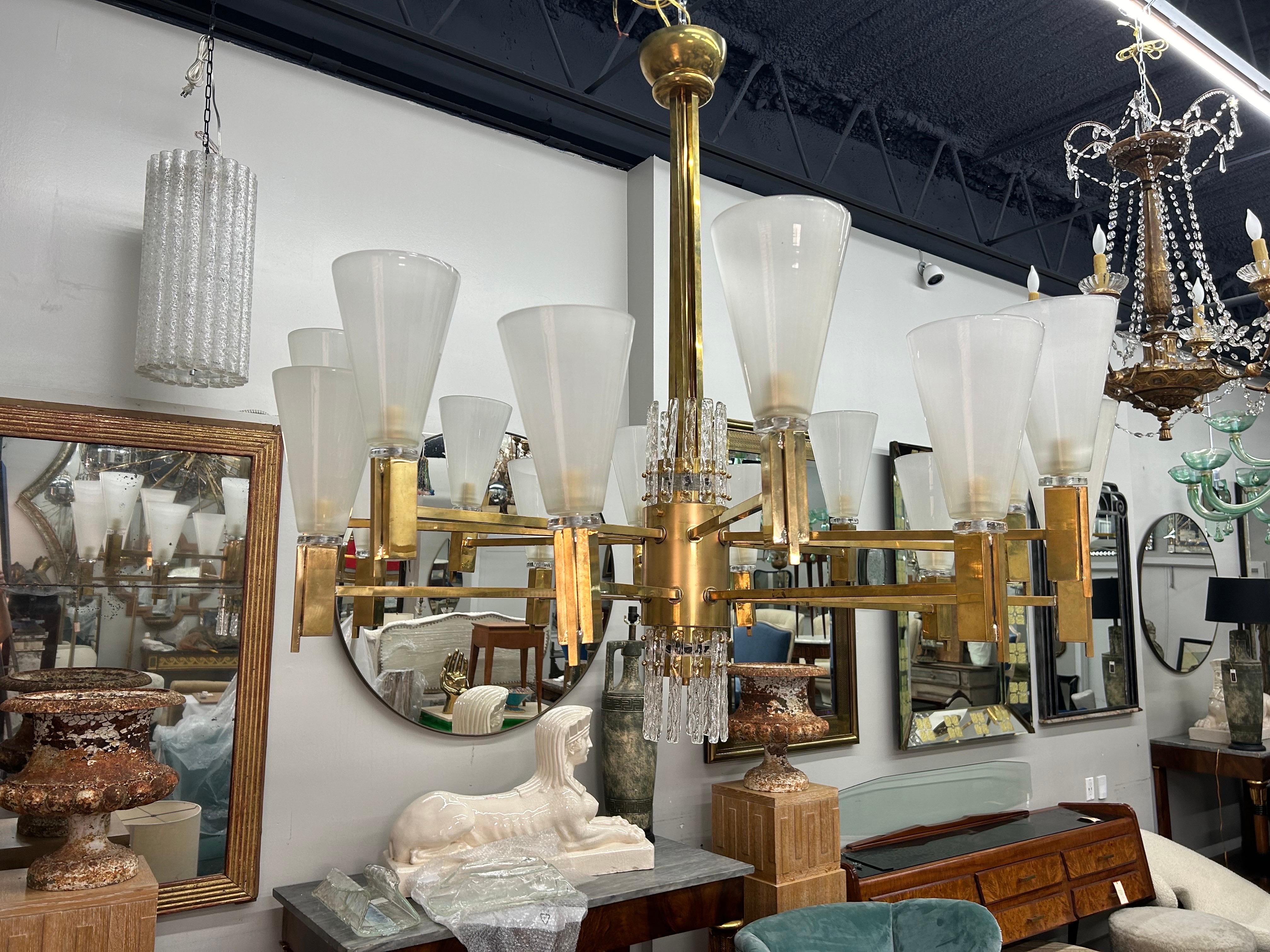 Italian Modern Brass And Glass Chandelier In Good Condition For Sale In Houston, TX