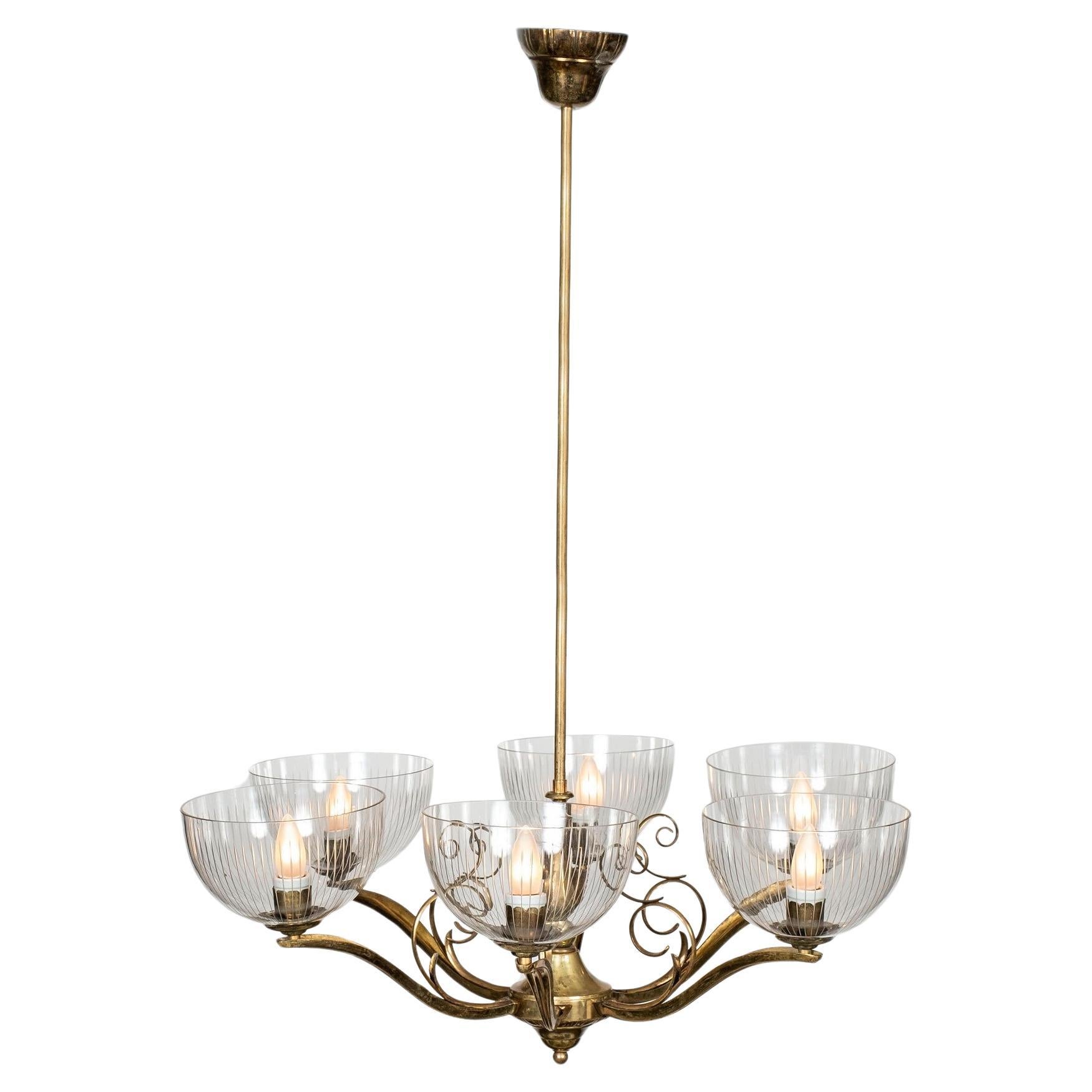 Italian Modern  Brass and Glass Chandelier For Sale