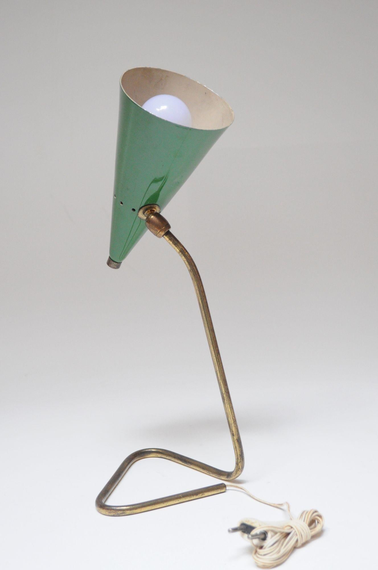 Mid-Century Modern Italian Modern Brass and Green Metal Petite Table Lamp by Gilardi and Barzaghi For Sale