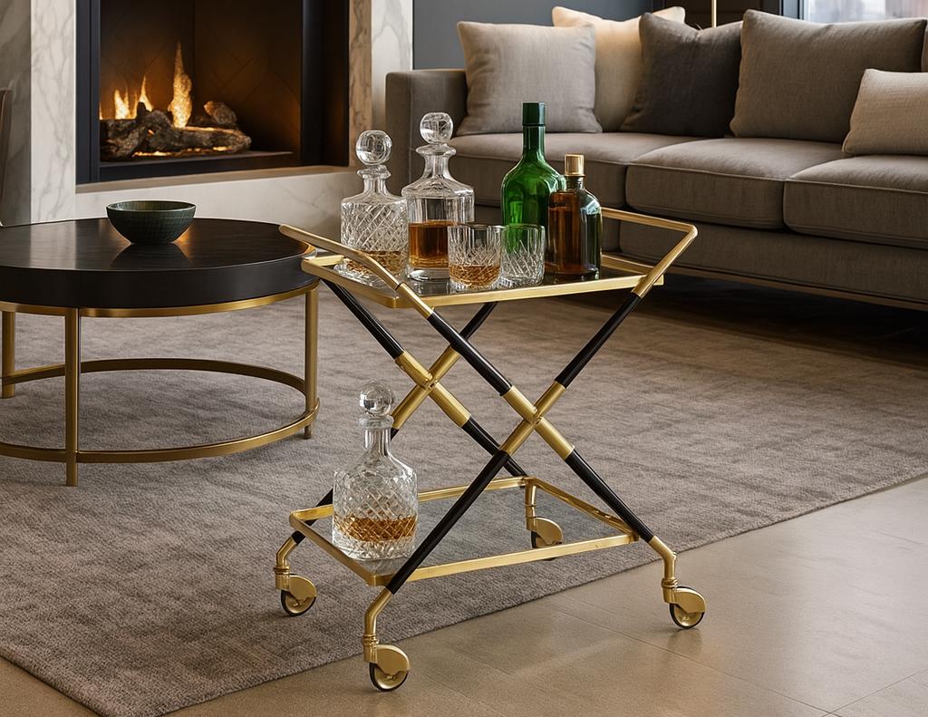 Questo splendido carrello da bar vintage, disegnato dal leggendario Gio Ponti, incarna l'essenza del modernismo italiano degli anni Sessanta. Realizzato in Italia, il pezzo presenta un'impressionante combinazione di ottone, legno nero e vetro