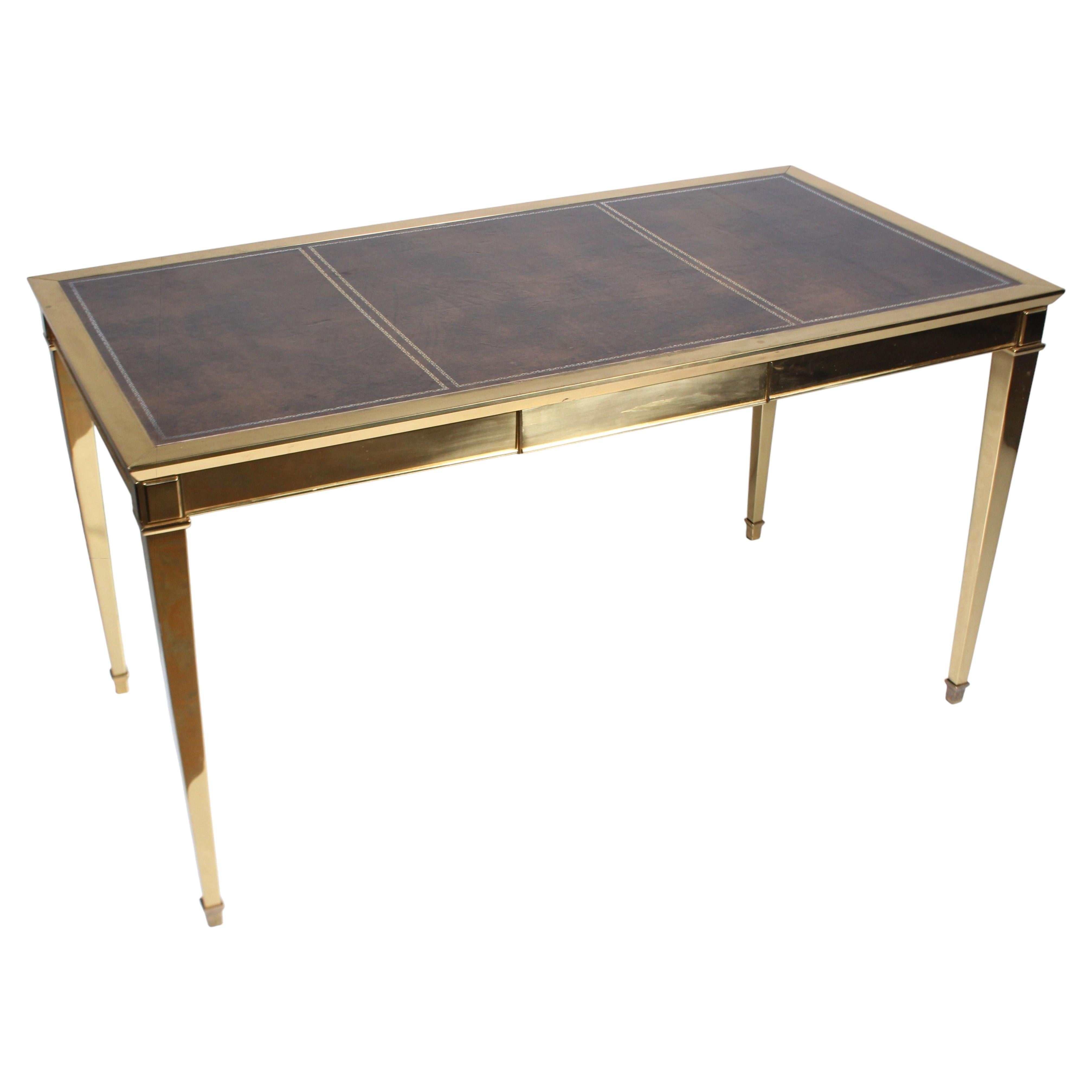 Italian Modern Brass Desk with Inset Bordered Leather Surface For Sale