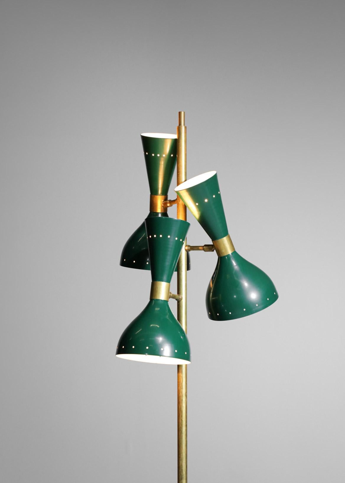 Italian Modern Brass Floor Lamp 3 Green Stilnovo Vintage Design Spots Gira ML135 In New Condition For Sale In Lyon, FR