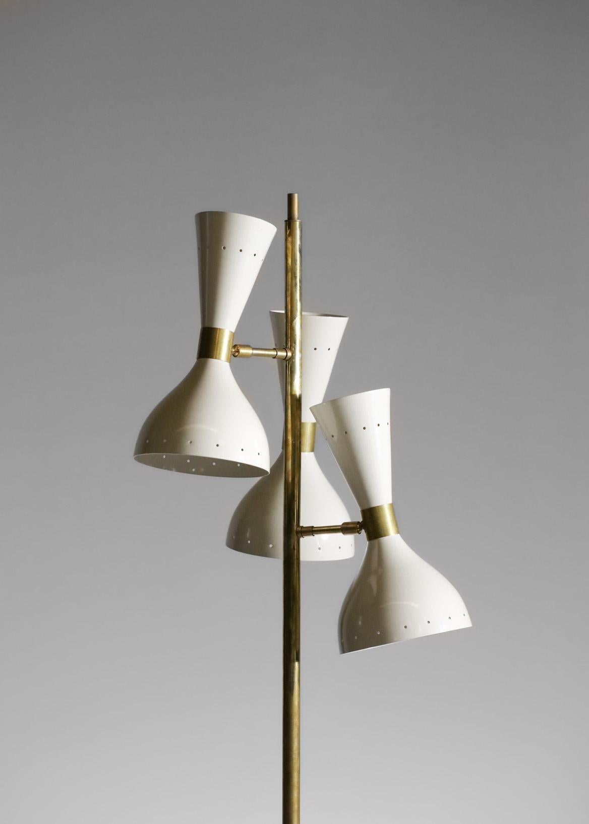 Lacquered Italian Modern Brass Floor Lamp 3 White Stilnovo Vintage Design Spots Gira ML135 For Sale