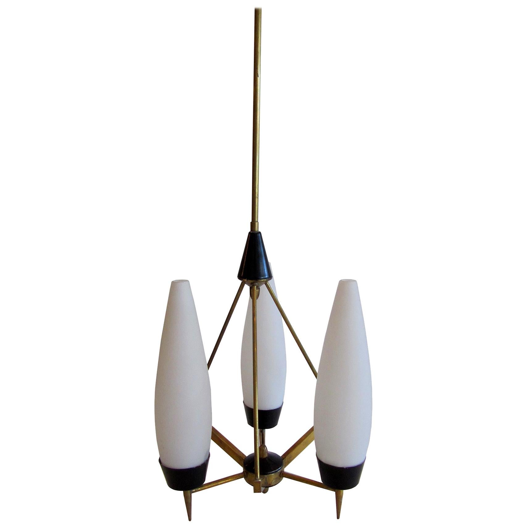 Italian Modern Brass, Glass and Enameled 3-Light Chandelier, Stilnovo For Sale
