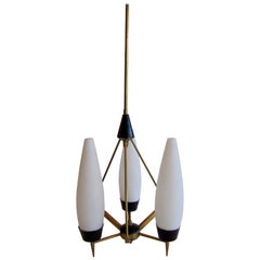 Italian Modern Brass, Glass and Enameled 3-Light Chandelier, Stilnovo