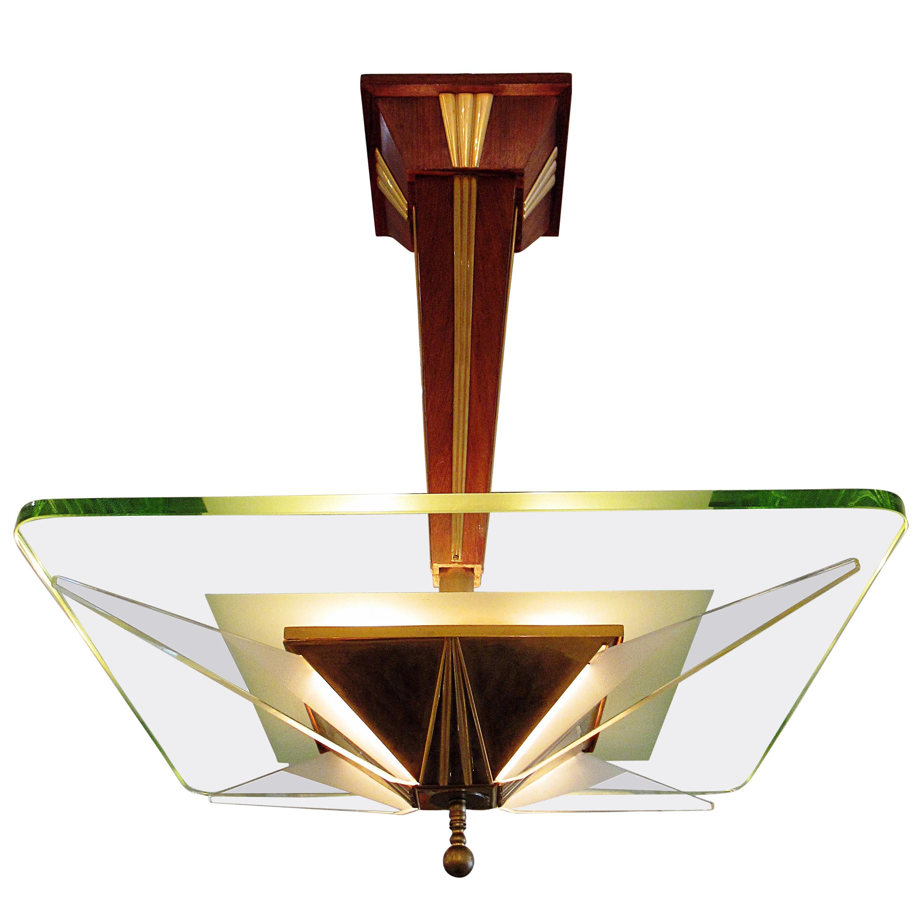 Italian Modern Brass, Glass and Walnut Chandelier, Max Ingrand for Saint-Gobain
