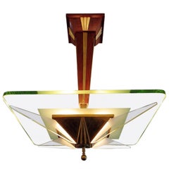 Italian Modern Brass, Glass and Walnut Chandelier, Max Ingrand for Saint-Gobain