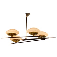 Italian Modern Brass, Metal, and Frosted Glass, 4 Light Chandelier, Stilnovo