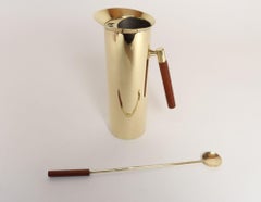 Italian Modern Brass-Plated Steel and Teak Cocktail Pitcher and Stirrer/Spoon