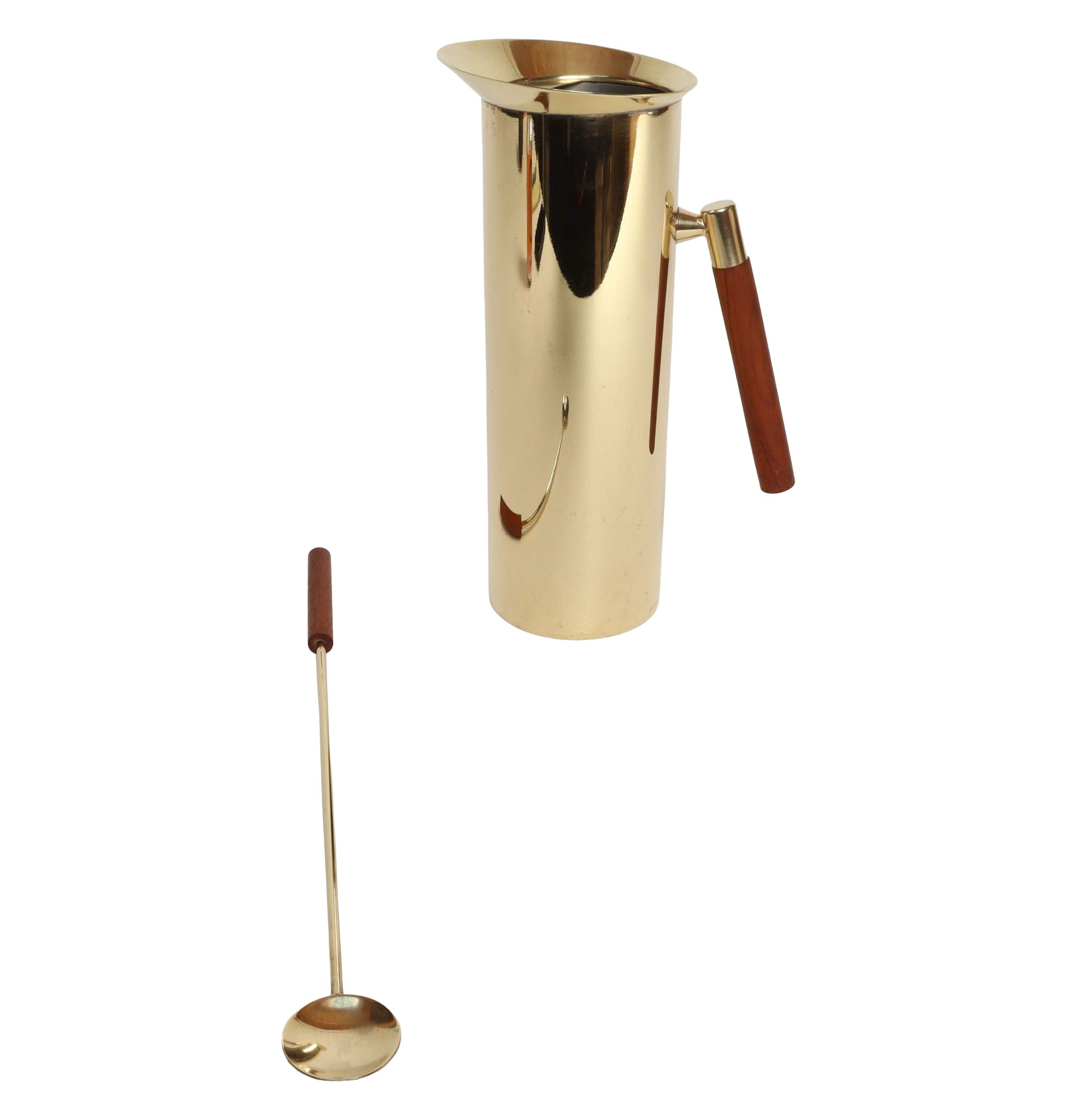 Italian Modern Brass-Plated Steel and Teak Cocktail Pitcher and Stirrer/Spoon For Sale