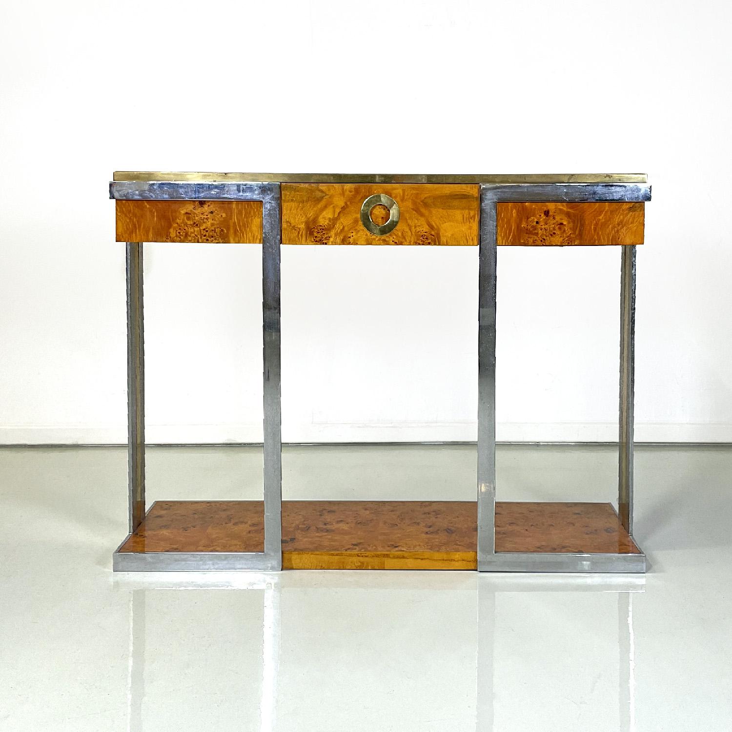 Modern Italian modern briar and chromed metal console by D.I.D., 1980s For Sale