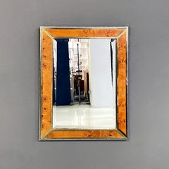 Italian modern briar root brass and chromed metal wall mirror by D.I.D., 1980s