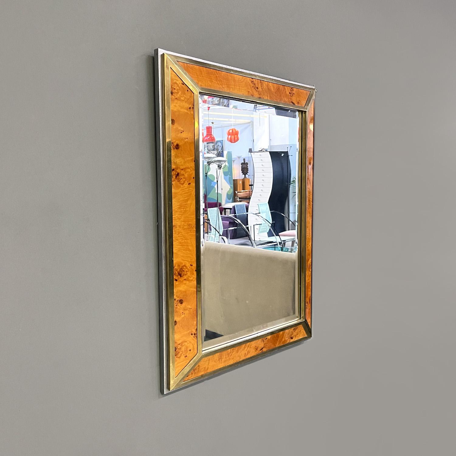 Modern Italian modern briar root brass and chromed metal wall mirror by D.I.D., 1980s For Sale
