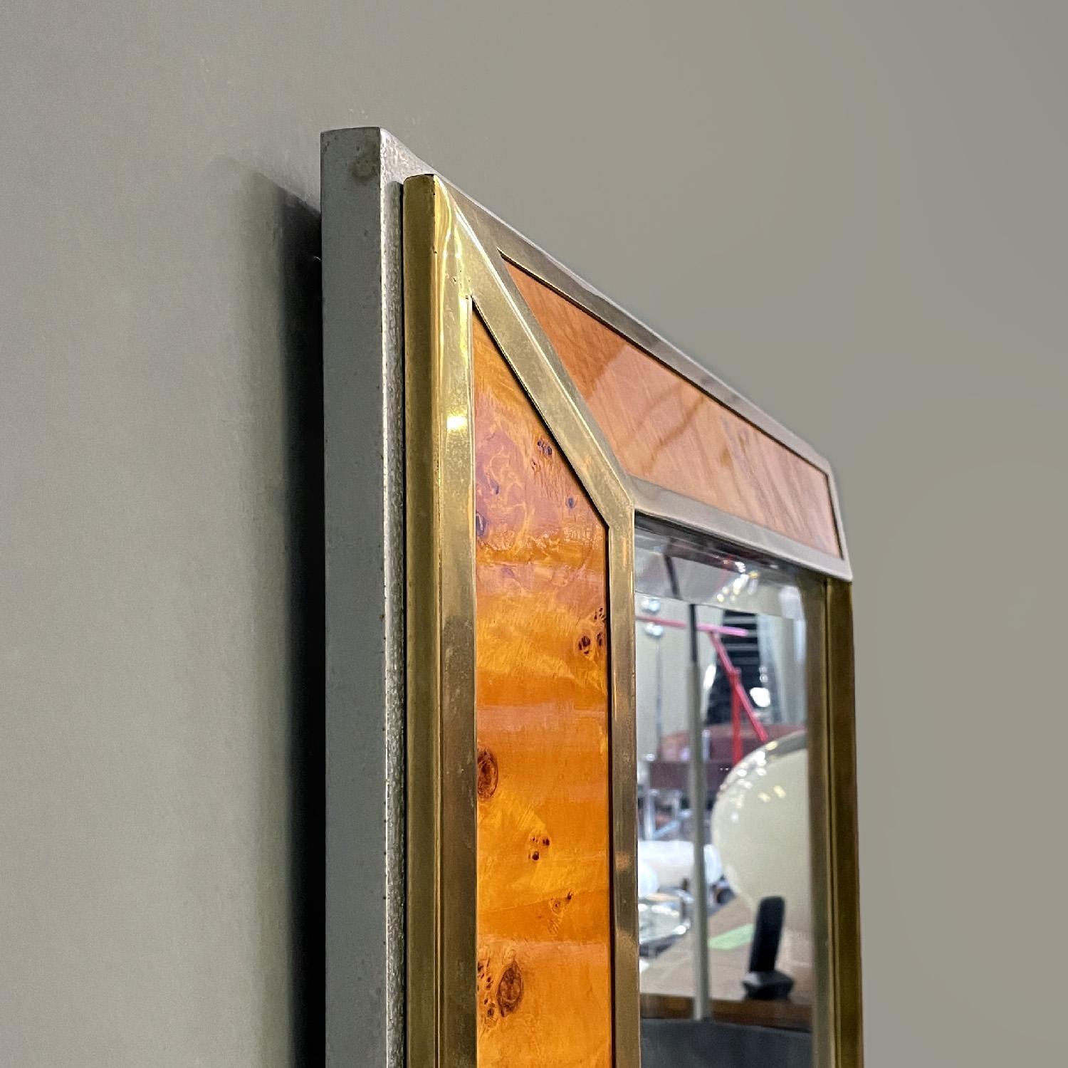 Late 20th Century Italian modern briar root brass and chromed metal wall mirror by D.I.D., 1980s For Sale