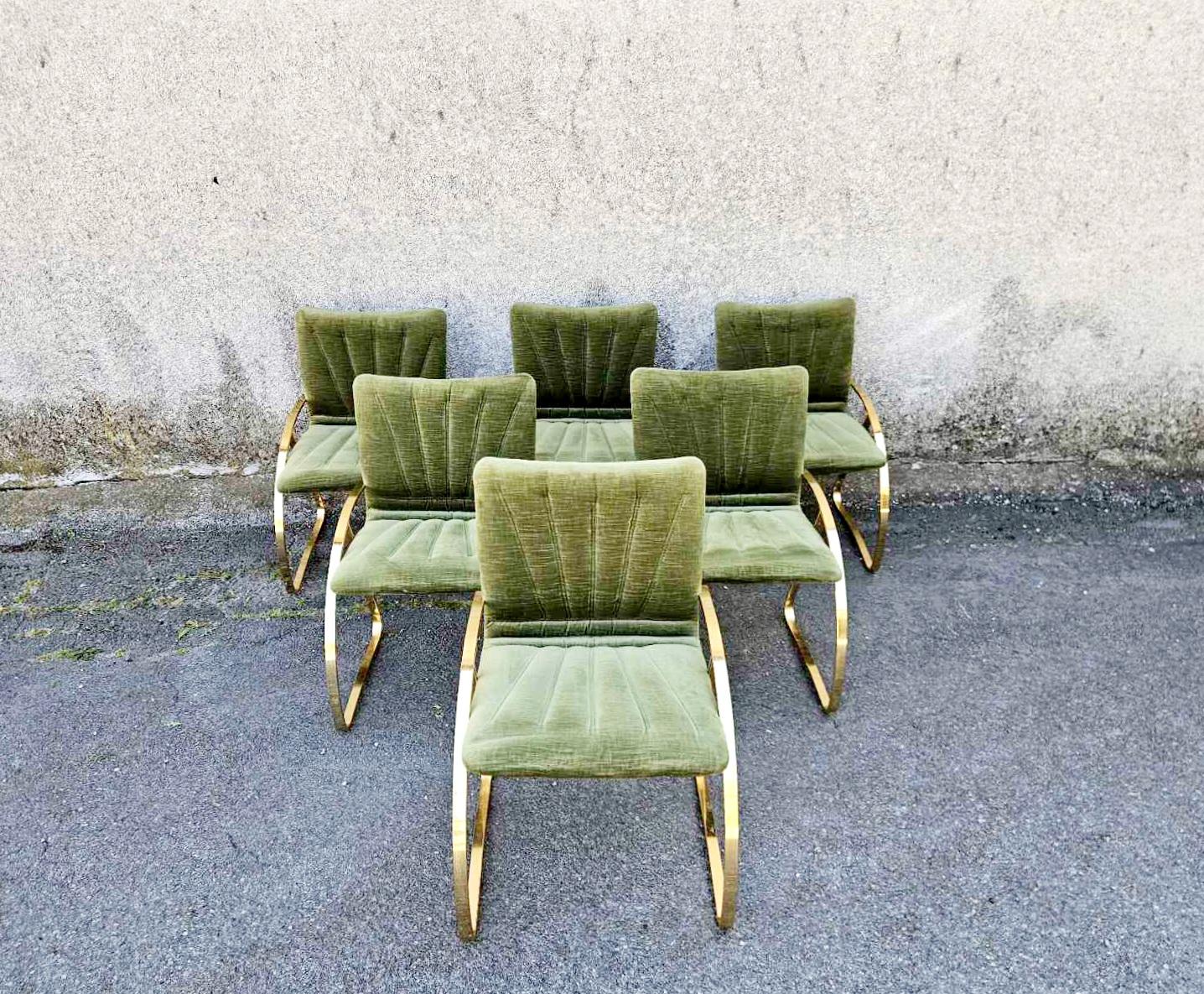 Chaises modernes italiennes en velours vert brique et chromes dorés, années 70, lot de 6 en vente 4