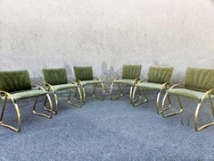 Italian Modern Brick Green Velvet and Gold Chromed Chairs, 70s, Set of 6
