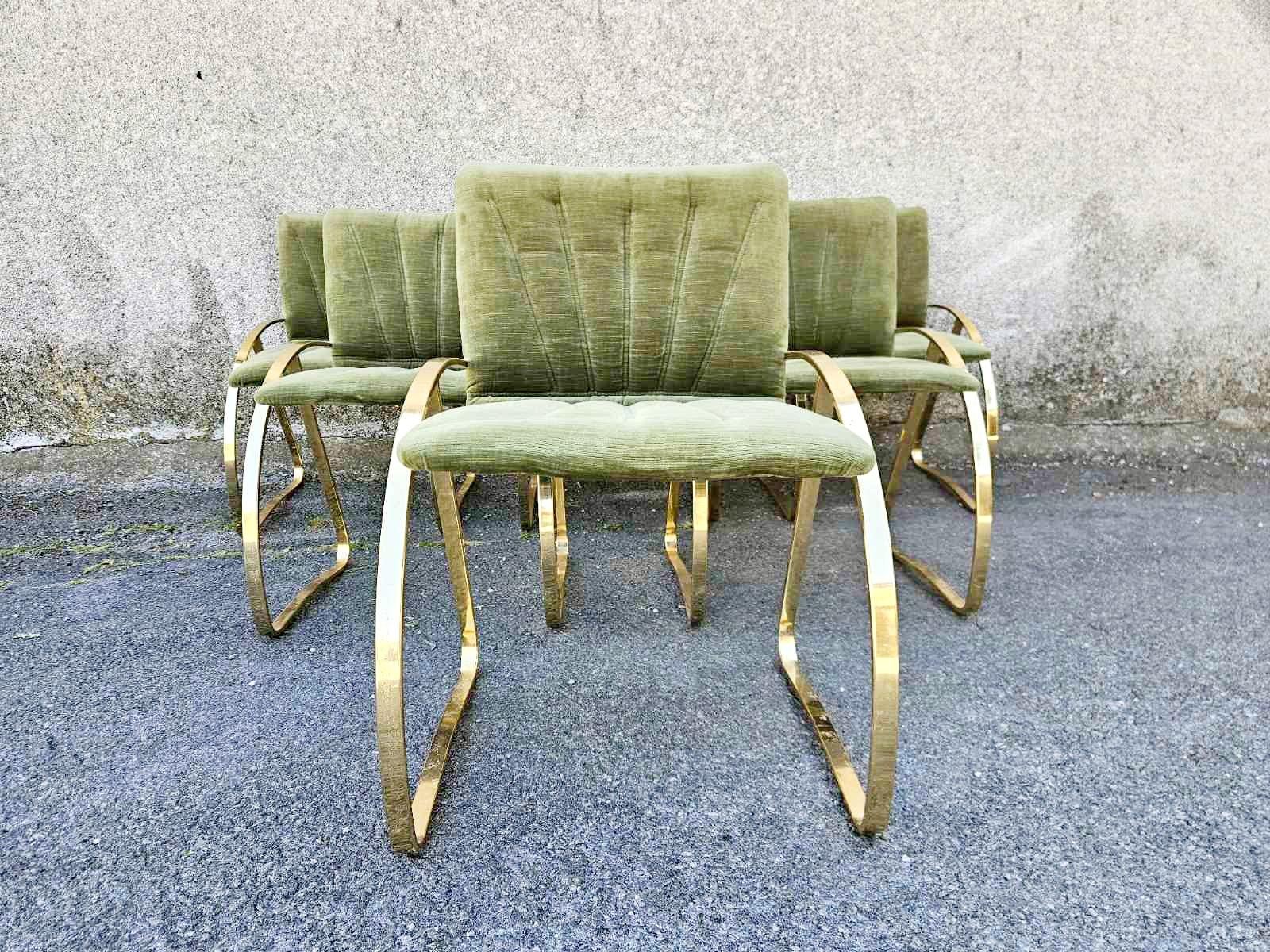 Mid-Century Modern Chaises modernes italiennes en velours vert brique et chromes dorés, années 70, lot de 6 en vente