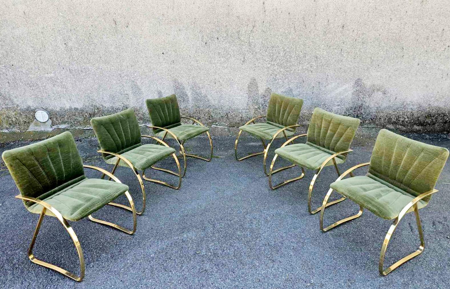 Chaises modernes italiennes en velours vert brique et chromes dorés, années 70, lot de 6 Bon état - En vente à Lucija, SI