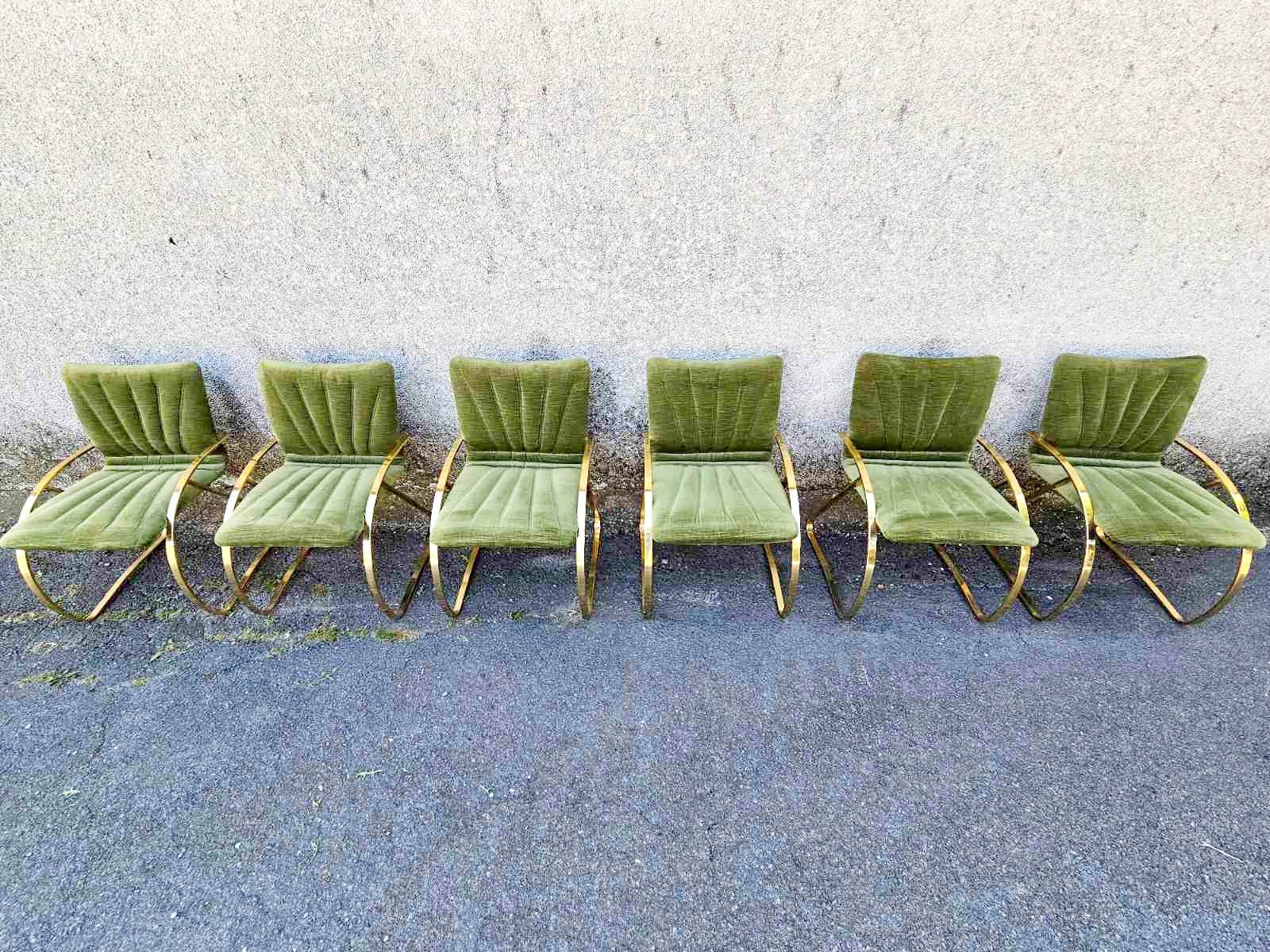 Acier Chaises modernes italiennes en velours vert brique et chromes dorés, années 70, lot de 6 en vente