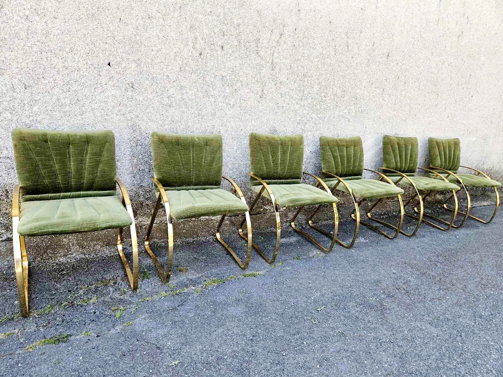 Chaises modernes italiennes en velours vert brique et chromes dorés, années 70, lot de 6 en vente 1