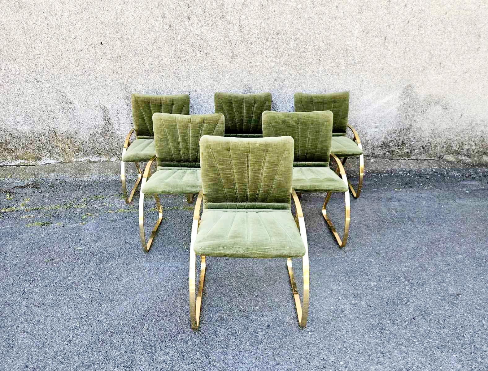 Chaises modernes italiennes en velours vert brique et chromes dorés, années 70, lot de 6 en vente 3