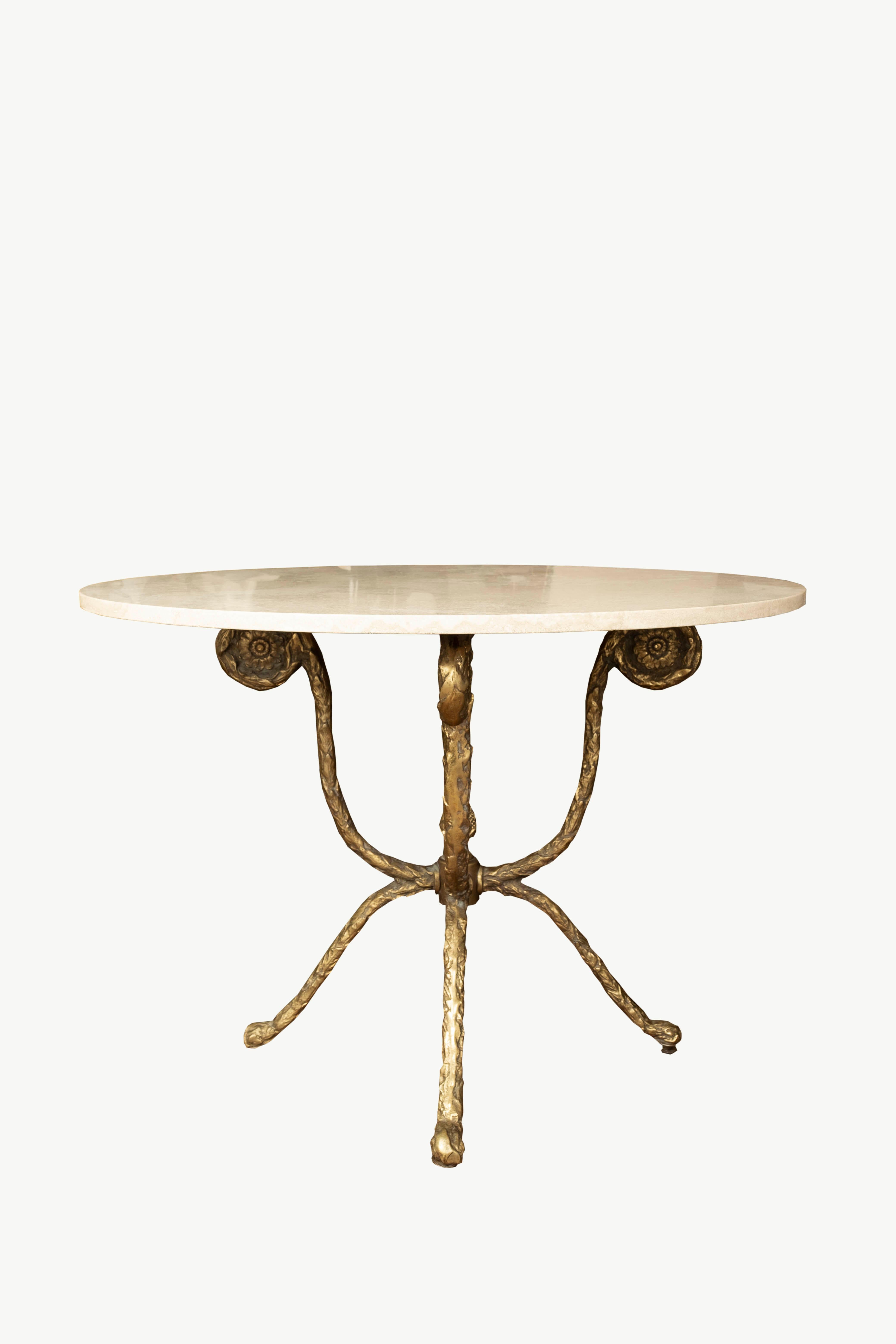 Italian Modern bronze and Travertine center table attributed to Romeo Rega. This fabulous sculptural Italian Neoclassical style table could be used as a side table, end table, game table, dining table or breakfast table.
 
