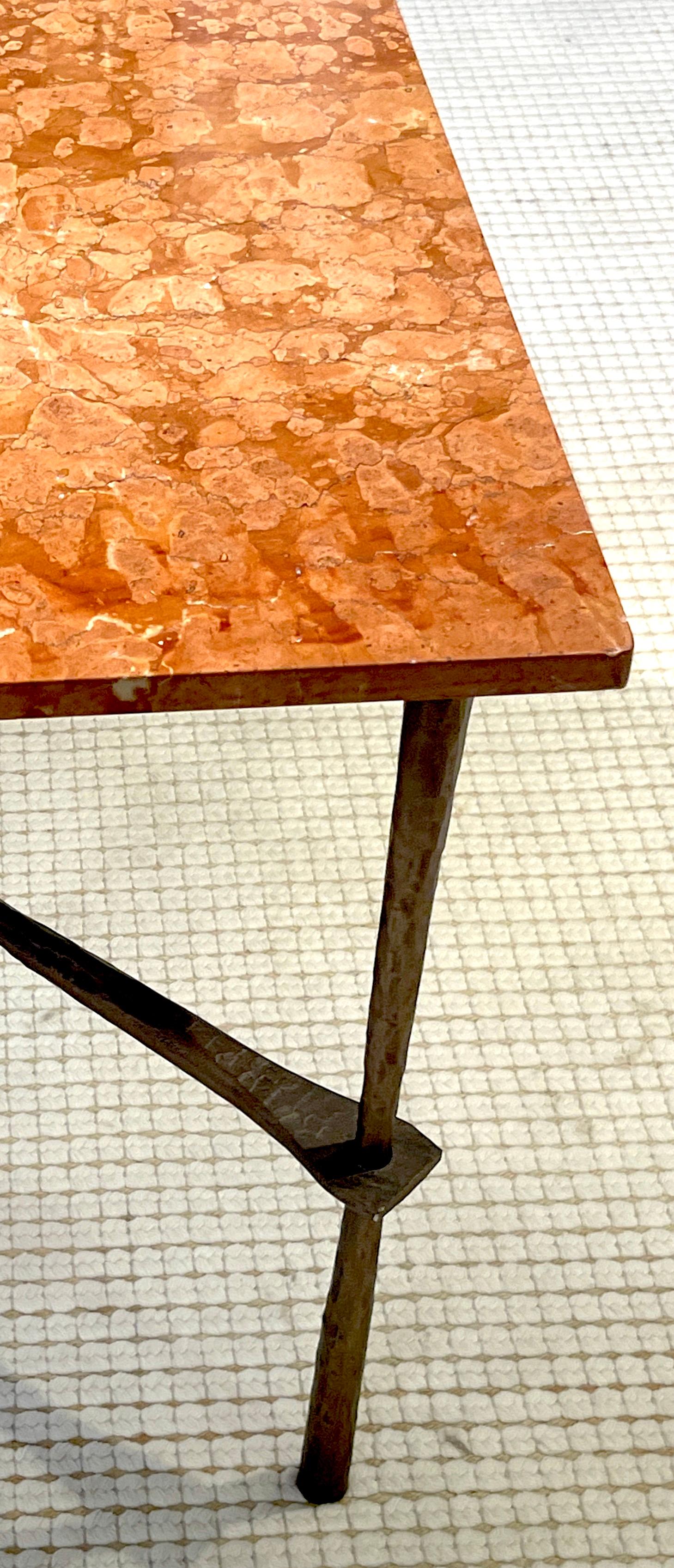 Italian Modern Bronzed Forged Iron  & Marble Square Table In Good Condition In West Palm Beach, FL