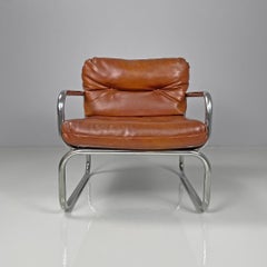 Italian modern brown faux leather and chromed metal armchairs, 1970s