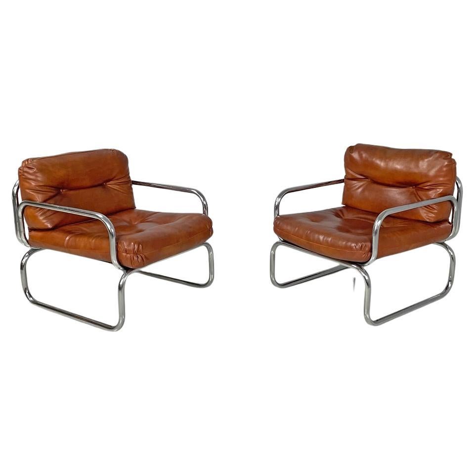 Sillones modernos italianos de piel sintética marrón y metal cromado, años 70