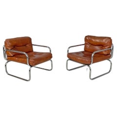 Sillones modernos italianos de piel sintética marrón y metal cromado, años 70