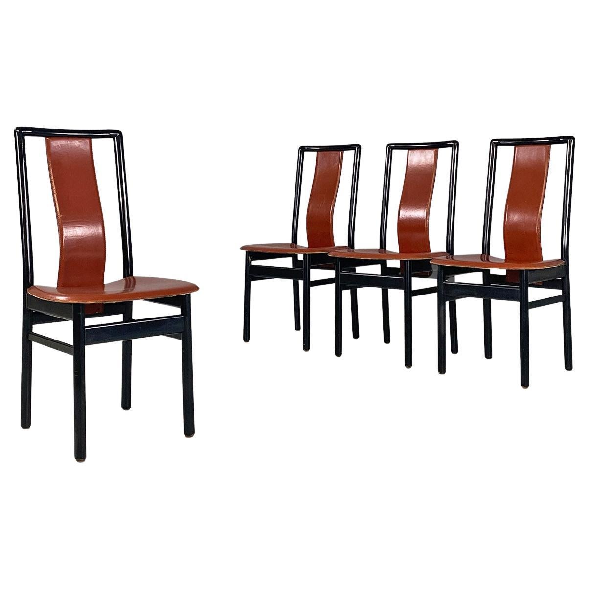 Italian modern brown leather and black wood chairs, 1970s