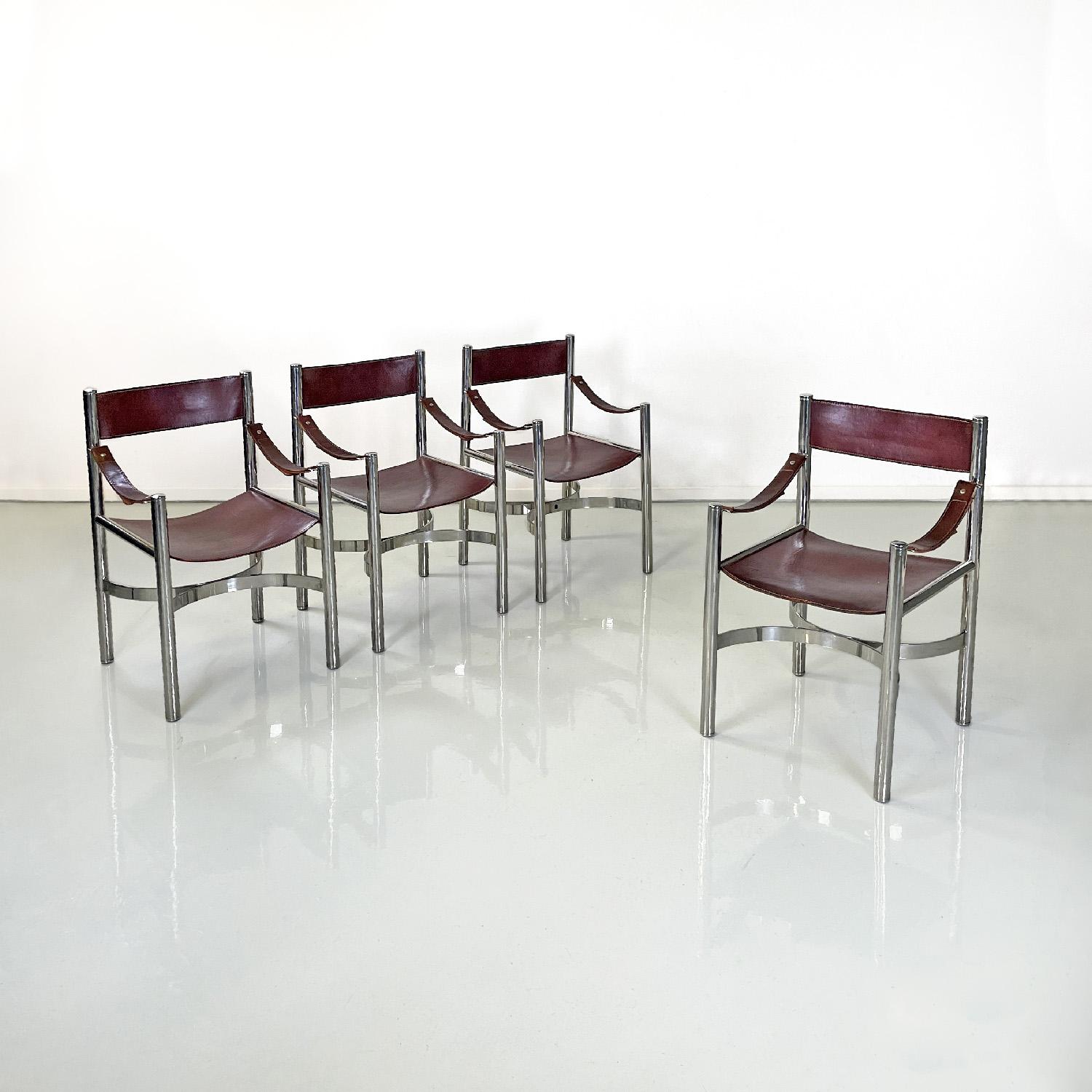 Italian modern brown leather and metal chairs by Dada Industrial Design, 1970s
