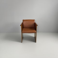 Italian modern brown leather and wood armchairs by Azucena, 1970s