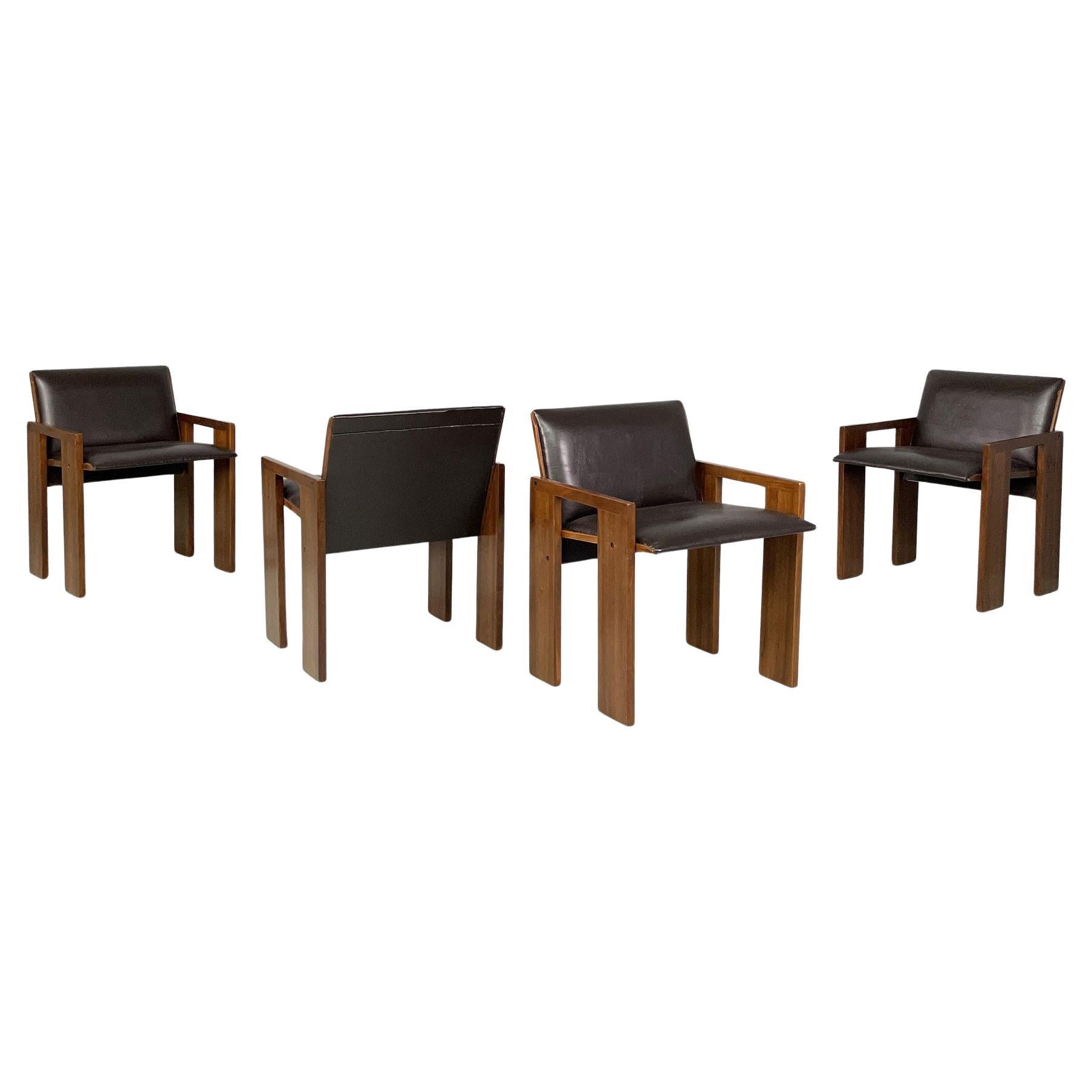 Moderne italienische Stühle aus braunem Leder und Holz von Marco Zanuso für Poggi, 1970er Jahre im Angebot
