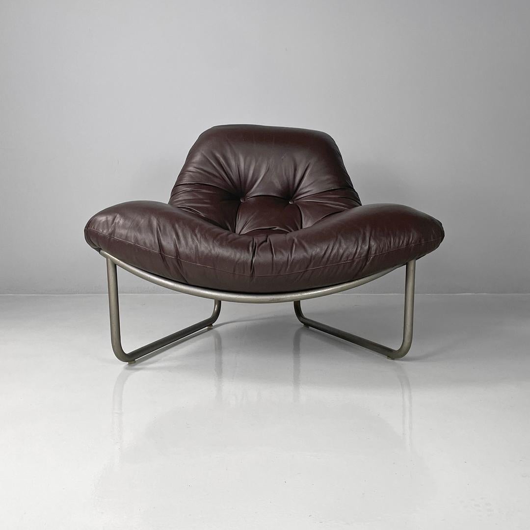Modern Italian modern brown leather armchair with a triangular base, 1970s For Sale