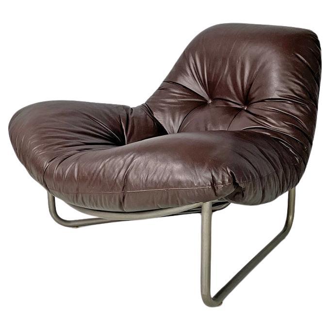 Italian modern brown leather armchair with a triangular base, 1970s For Sale